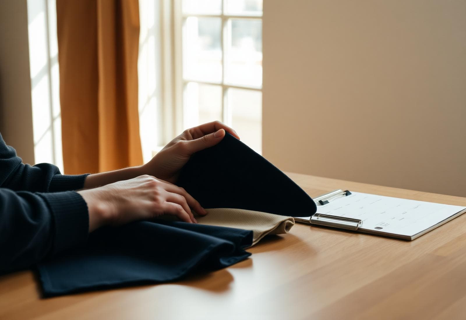 Hands examining fabric swatches against a clipboard at a quality check